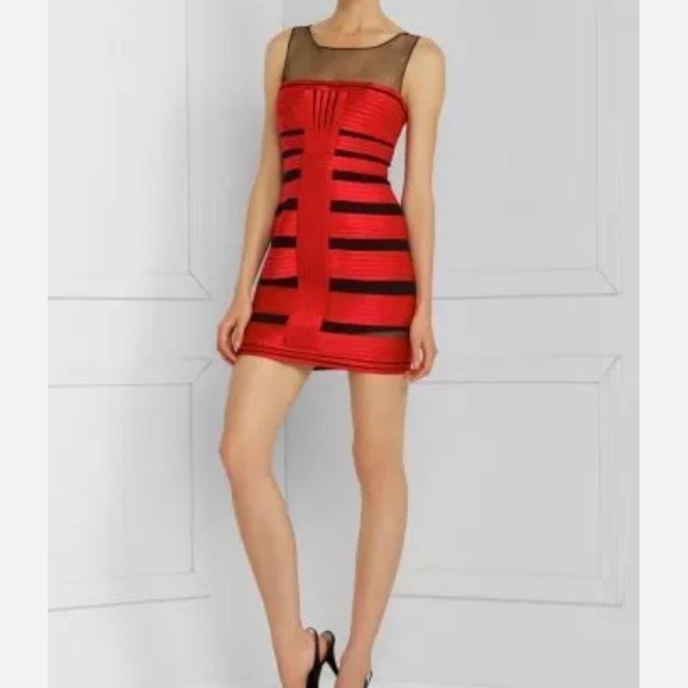 BCBGMaxAzria Red and Black Sheer-Panel Mini Dress